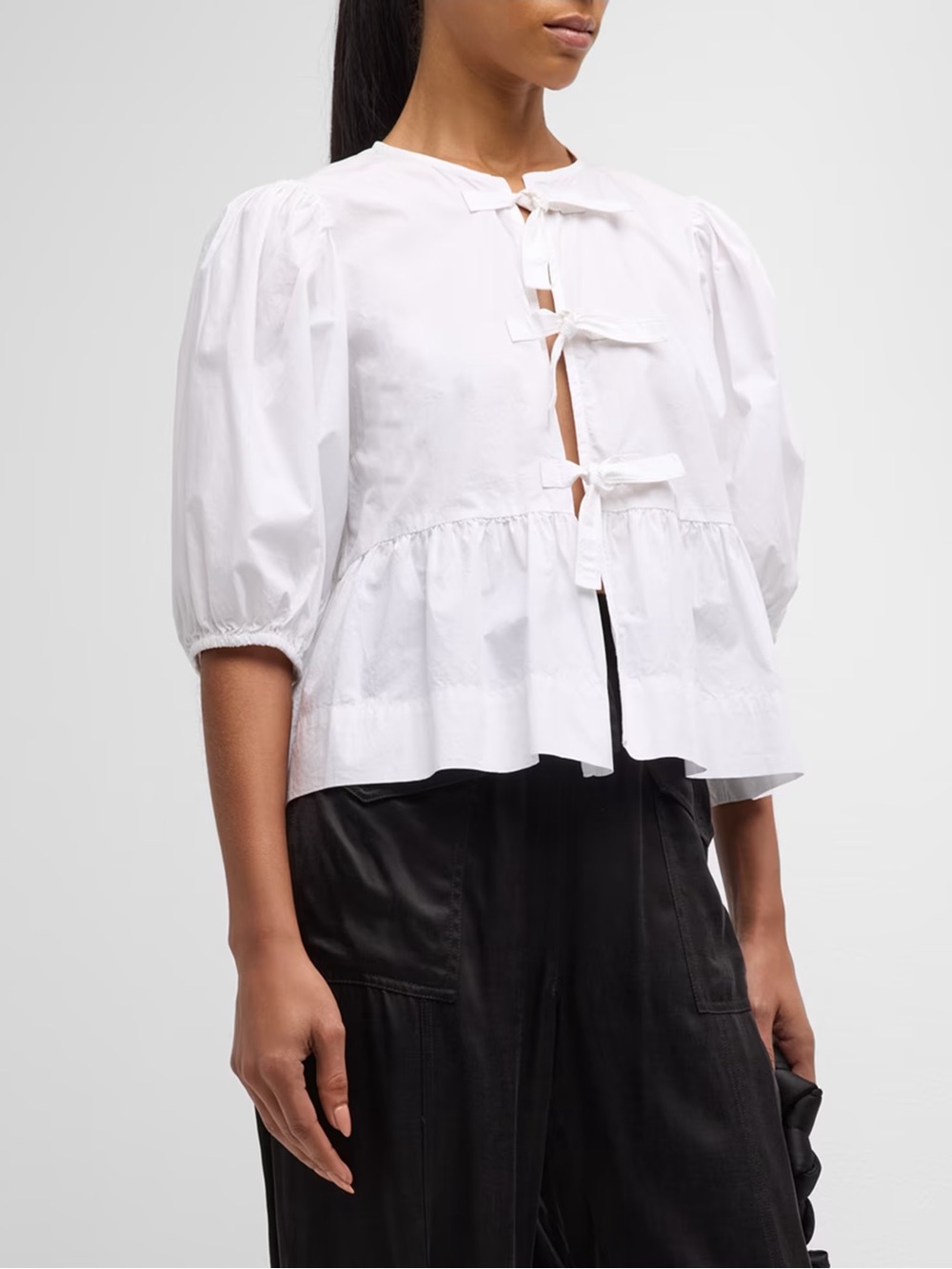Ganni White Tie-Front Puff Sleeve Blouse